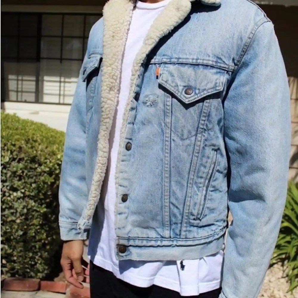 Levis Vintage Size 40 Sherpa Orange Tab Blue Jean Denim‎ Trucker Jacket Unisex